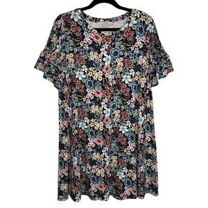 Loft All Over Floral Print Smocked Ruffled Sleeve Dress Multi Color Stretch‎ M